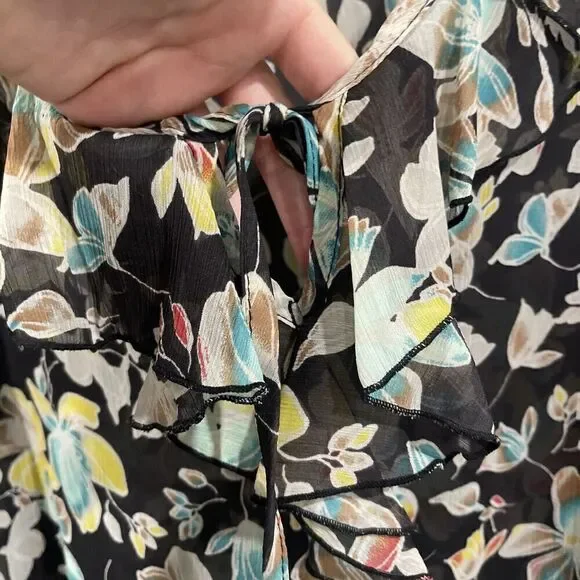 American Rag Women Sz L Black Sheer Floral Bouse Round Tie Neck Balloon Sleeve - Picture 5 of 11